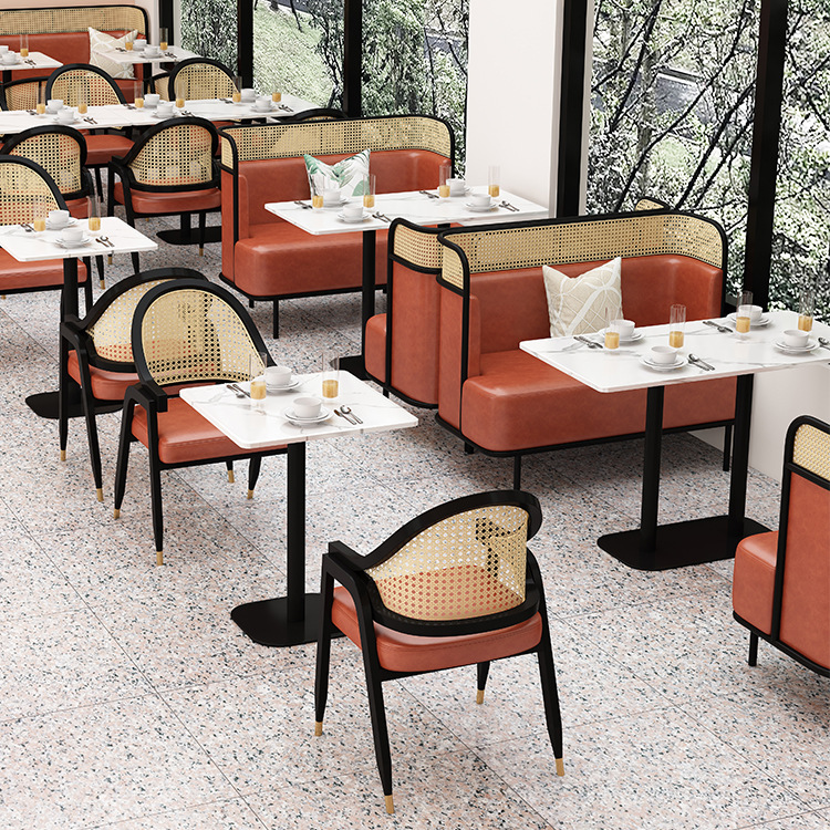 Cafetería cubierta de pared sofá hierro ratán mesa y silla combinación restaurante mesa de mármol restaurante ratán Silla de ratán
