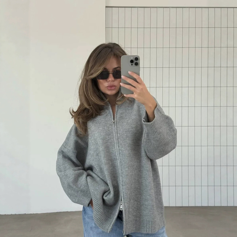 European and American Cross-Border Plus-Size Loose Oversize Style Double Zipper Design Long-Sleeve Thick Knit Cardigan Sweater for Women