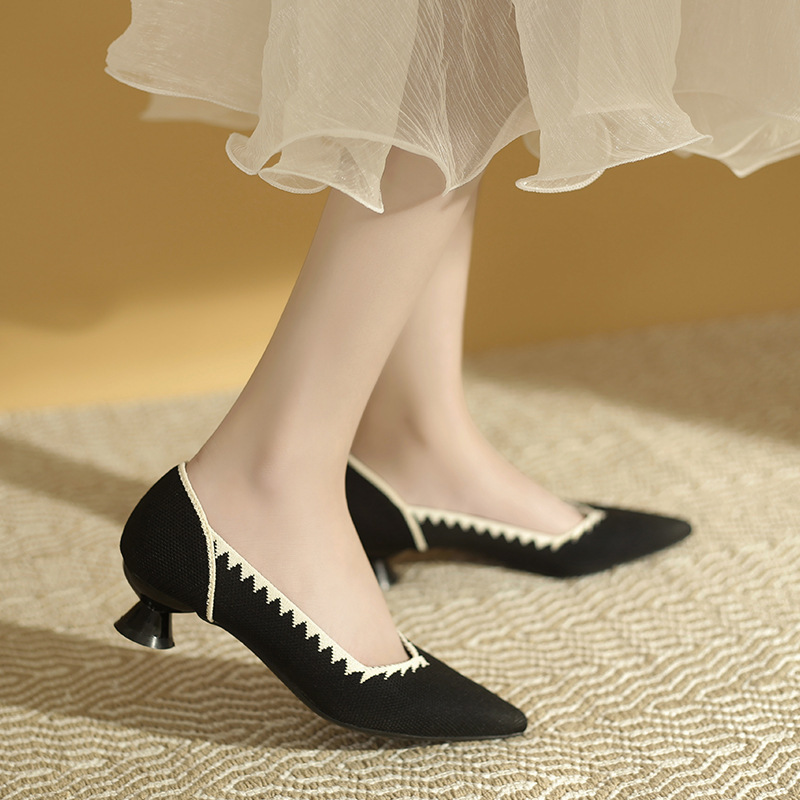 2025 Spring/Summer New Style Flyknit Shoes Queen's Day Japanese Style Shallow High Heels Pointed Breathable Leopard Print Shoes