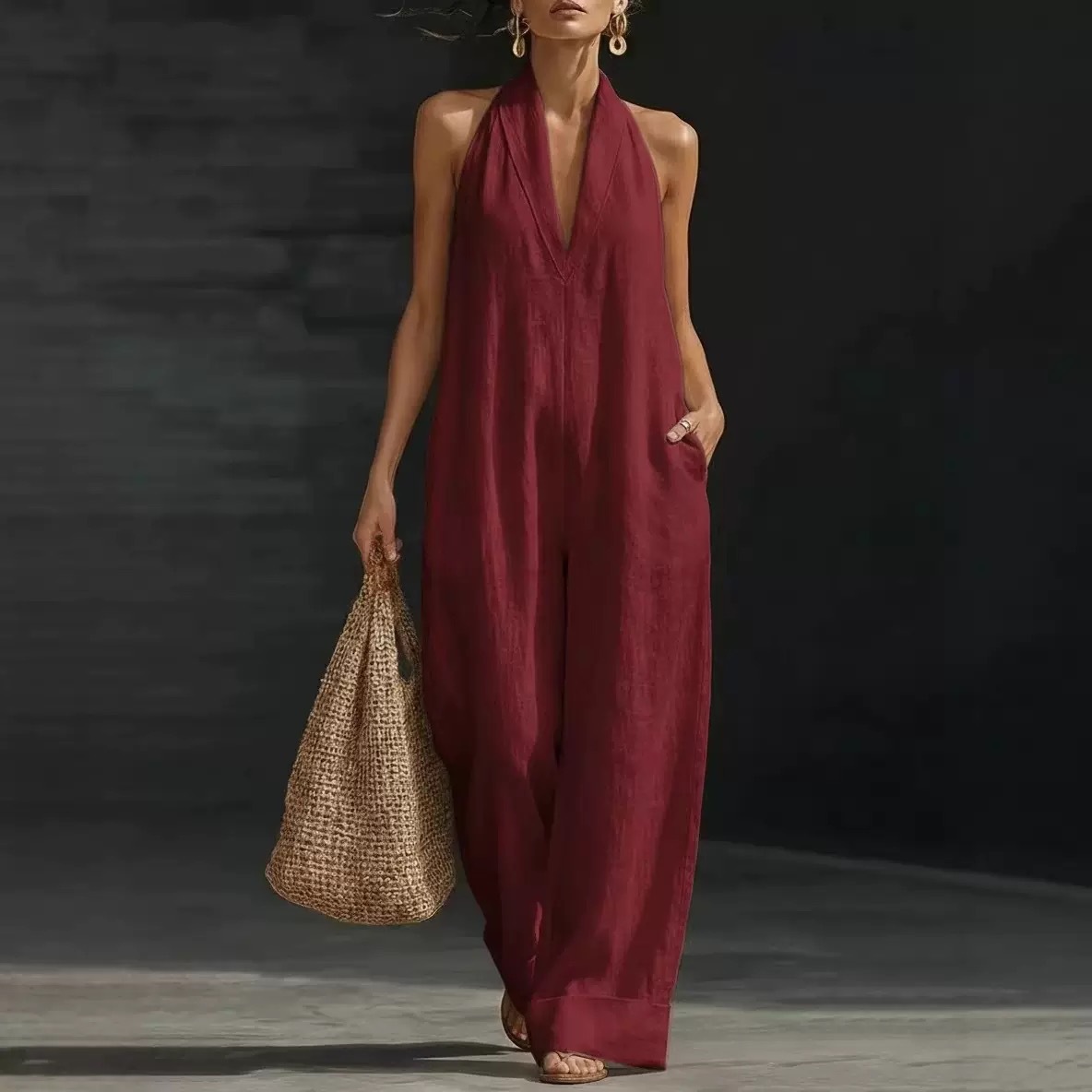 Summer Casual Solid Color Women's Jumpsuit Sleeveless V Neck_ecoleips.com