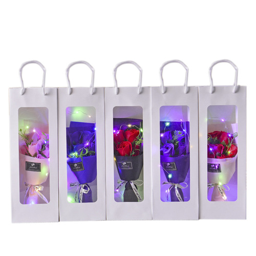 Matching soap flower rose bouquet with tote bag window visual gift box sales accessories