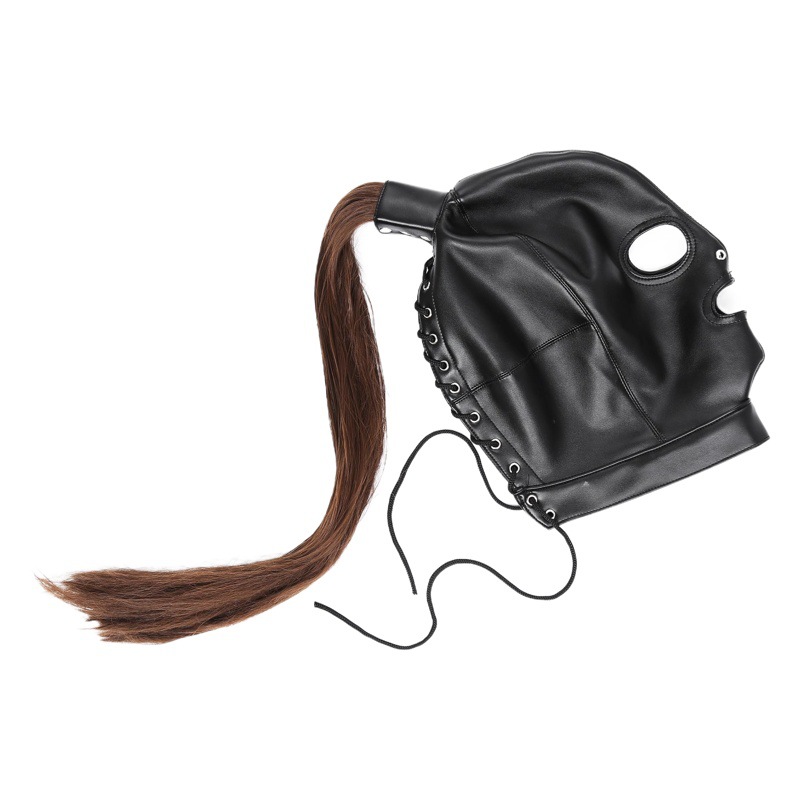 Suministro directo de fábrica de juguetes sexuales, máscaras con ojos y boca expuestos, máscara, máscara con forma de arnés de caballo, peluca, juguetes sexuales con máscara