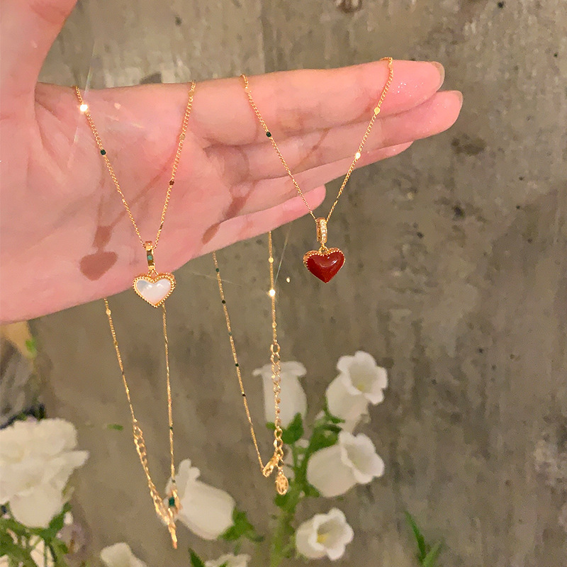 Double-Sided Mother-Of-Pearl Red Heart Pendant Necklace, Feminine, Light, Luxurious, Exquisite and High-End, Detachable Heart Clavicle Chain