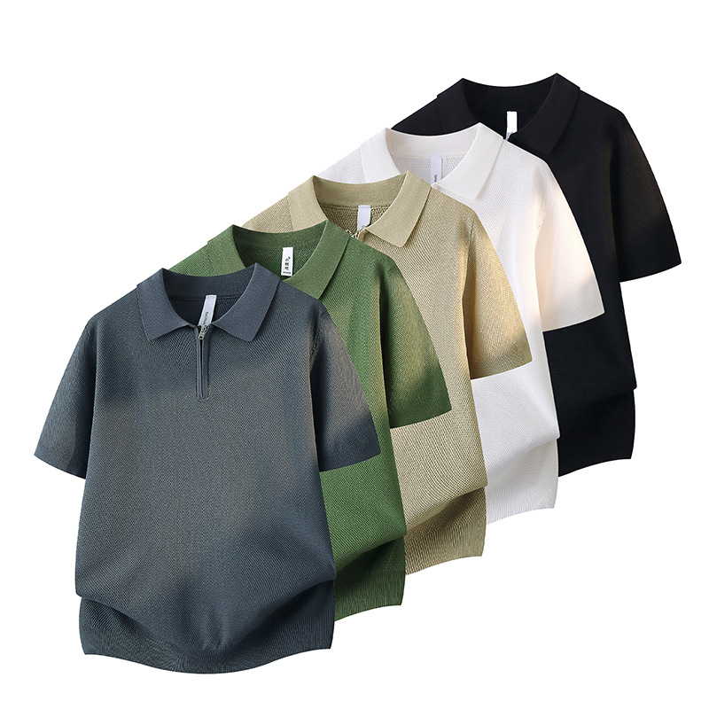 Polo camiseta camiseta de punto camiseta de manga corta camiseta de hombre solapa medio cremallera de color sólido viejo viento de hielo seda de verano fábrica transfronteriza al por mayor