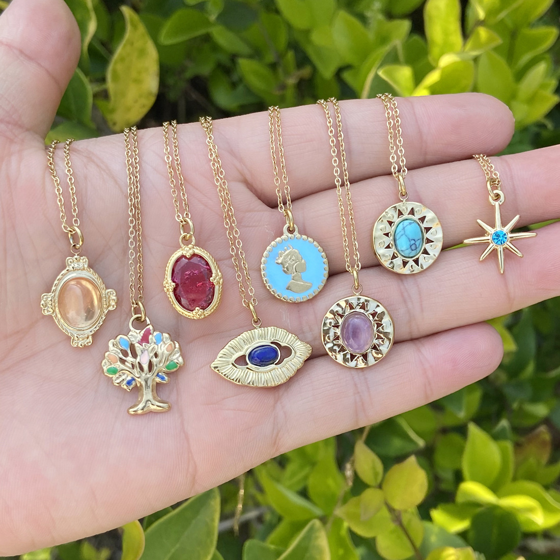 18K Gold Plated Plating Material Retro Devil's Eye Tree Stainless Steel Natural Stone Pendant Necklace 1 Piece