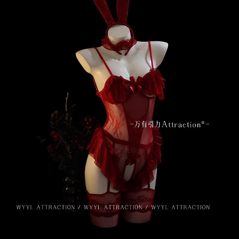 Sexy Lingerie Revealing Bunny Girl Cute Uniform Couple's Lotus Leaf Lace Jumpsuit Qqny Bunny Girl