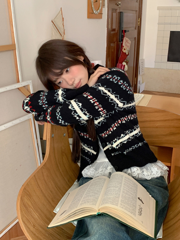 费尔岛穿搭氛围感长袖针织女2025年春秋季高级感提花开衫毛衣外套|undefined