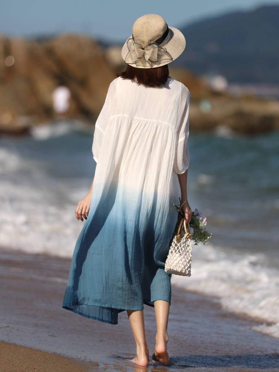 2024 Summer Loose Plus-Size Robe, Chinese Style Gradient Lightweight Ramie Zen Tea Dress, Double-Layered Large Hem Skirt_ecoleips.com