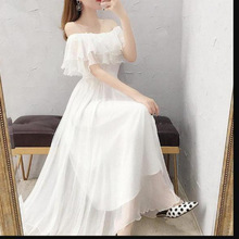 多穿气质优质雪纺一字肩连衣裙女长款收腰显瘦裙子仙女度假拍照