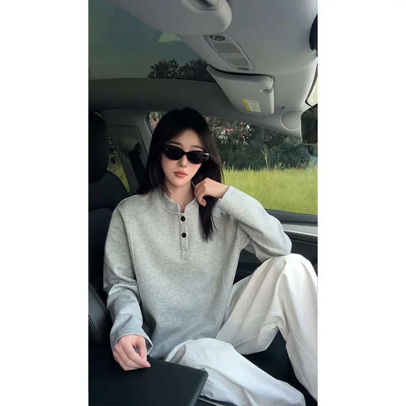 灰色亨利领长袖polo衫男款美式解构拼接正肩t恤boxy版型内搭卫衣|undefined