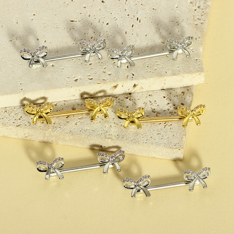 Cute Pink 16G Stainless Steel Bow Zircon Nipple Ring Exquisite Nipple Jewelry Pair detail image 5
