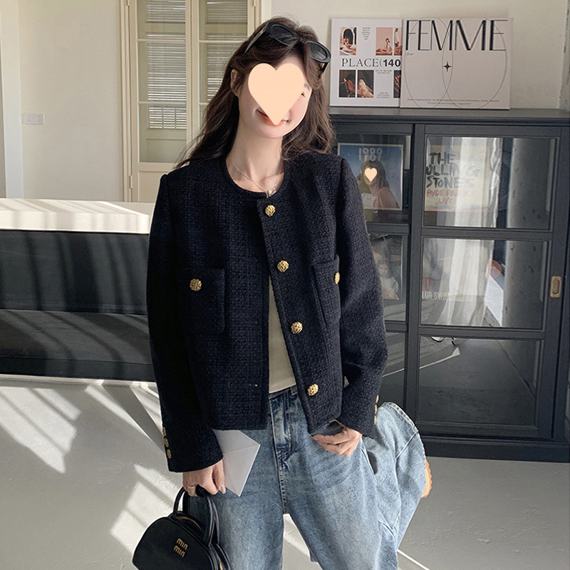 女性のための黒のハイエンドの小さな香りのジャケット 2025 春と秋の社交界のウールの小さなスーツ気質ショート ジャケット トップ|undefined