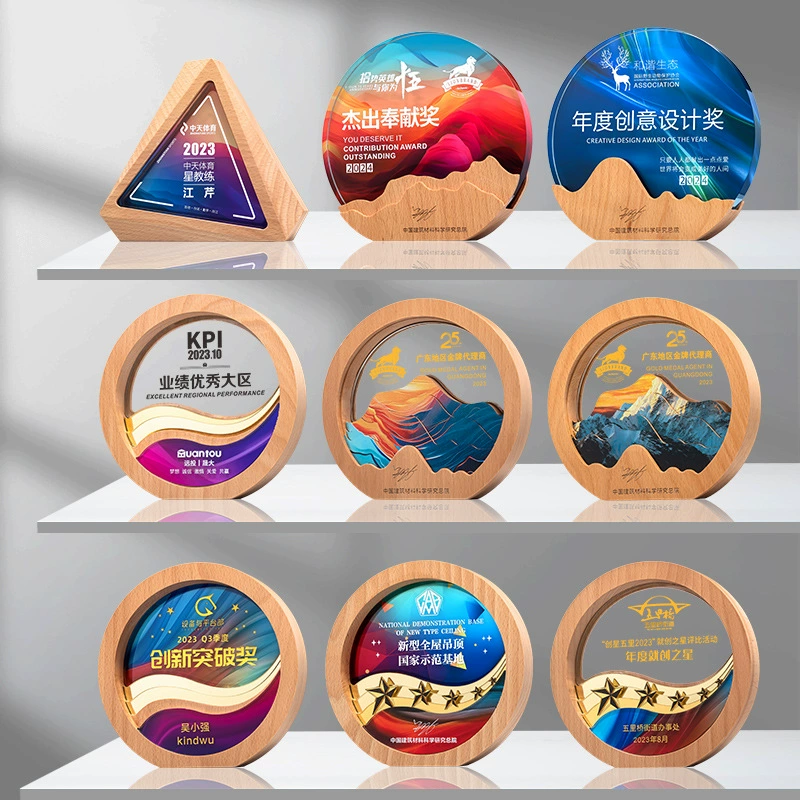 New crystal solid wood trophy Five-pointed star high-end enterprise outstanding employee team competition honor award medal