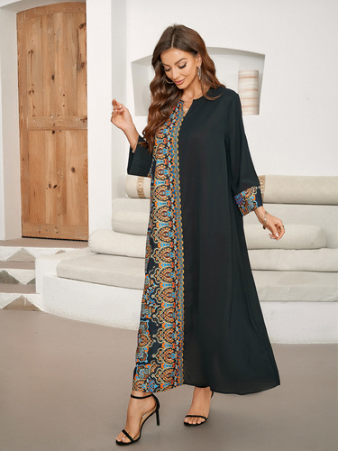 Cross-border real shot hot sale Muslim print splicing long dress elegant Middle Eastern long dress