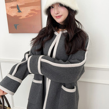 D家毛呢外套25冬季新款撞色格雷系轻暖大衣毛灰色针织宽松外套