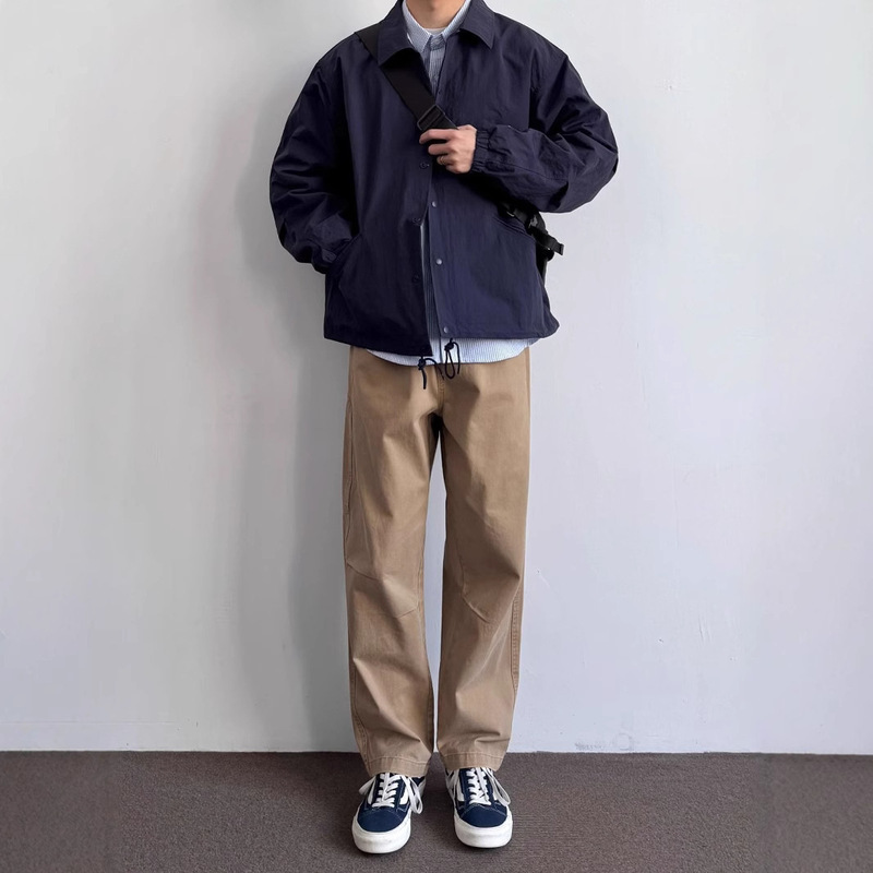 クロスボーダーメンズ日本のレトロルーズカジュアルラペルコーチジャケット多用途無地シンプルな春と秋の作業服Yitai|undefined
