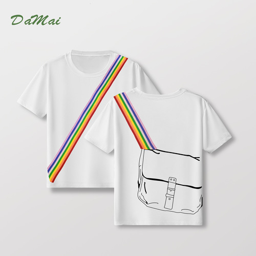 Amazon Cross-Border Men's and Boys' Short Sleeve T-shirts Back-to-School Rainbow Lanyard School Bags Summer Casual Crew Neck Children's Clothing