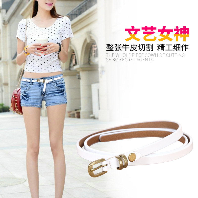 Women Vintage Leather Belt White Thin Waist Accessory