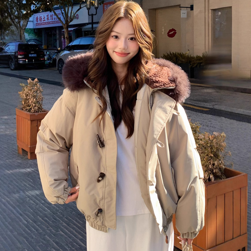 羽绒棉服女工装派克服毛领连帽牛角扣外套冬季2025宽松加厚保暖|undefined