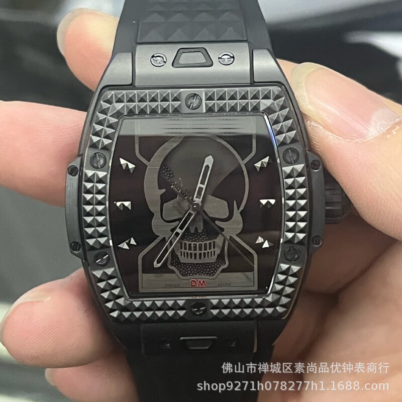 Cross-border band joint skull barrel carbon fiber crystal tourbillon hollow men's mechanical high-end watch