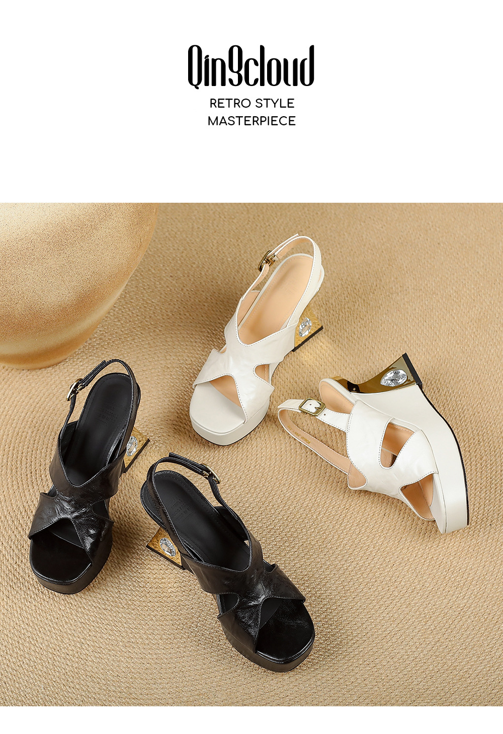 Sandal cao gót nữ mũi vuông quai chéo đế xuồng 9 cm — màu đen, màu trắng ngà chi tiết 13