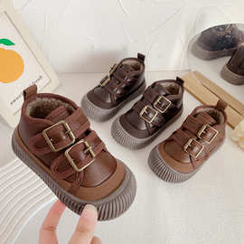 女童棉鞋2023韩版冬季新款加绒小皮鞋羊羔毛时尚宝宝女童二棉鞋潮