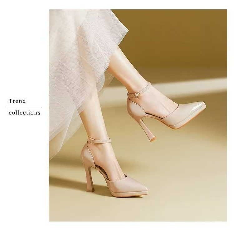 Waterproof Platform One-Strap Women's High Heels 2025 Summer New Pointed Black Single Shoes Sexy Elegant Sandals_vogvips.com