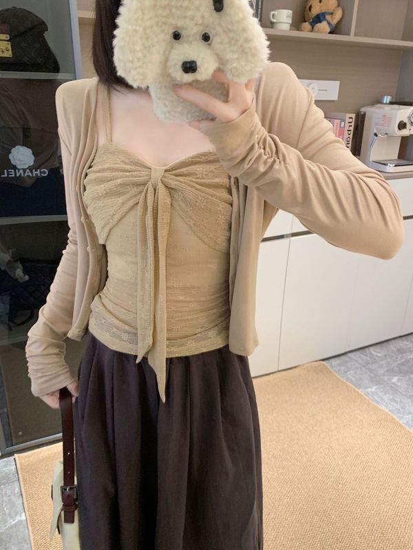 大码纯欲风蕾丝蝴蝶结吊带背心女秋季新款开衫上衣两件套|undefined