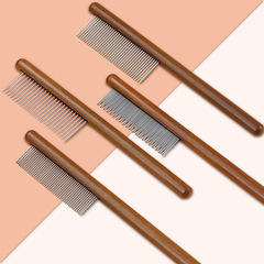 New Pet Cat Grooming Comb to Remove Loose Hair, Wooden and Stainless Steel Flea Comb for Unraveling Tangles, Dog Cleaning and Beauty Brush