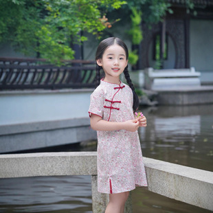 Girls' Chinese-Style Stand-Up Collar Short-Sleeved Handmade Button Cheongsam Girls' New Chinese-Style Summer Classical Floral Dress Hanfu