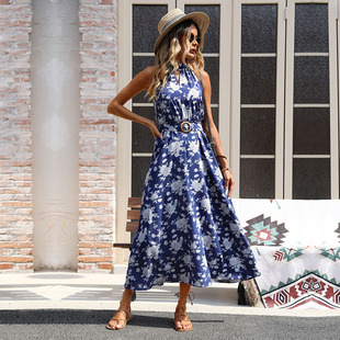 Amazon Cross-border Trade 2023 New European and American Sleeveless Hollow Dress Holiday Style Printed Neck Dress