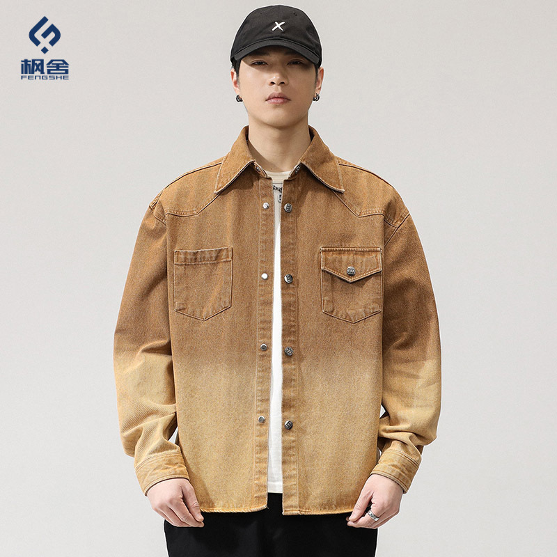 Fengshe Men's Clothing / Autumn New American Style Heavyweight Vintage Denim Shirt Men's Loose Trendy Gradient Shirt