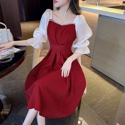 Code Five-Sleeve Dress 2025 Belted Plus Size Slimming Skirt-Hiding French Square Collar Long Plaid Dress