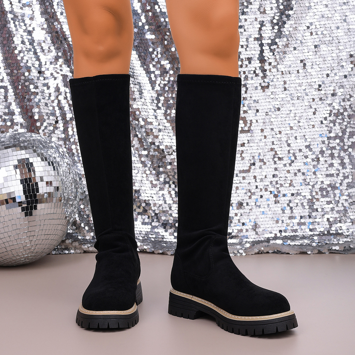 Women's Winter Elastic Over The Knee Boots Round Toe Platform Slimming Plus Size Shoes Size 43 New Style_voghion.com