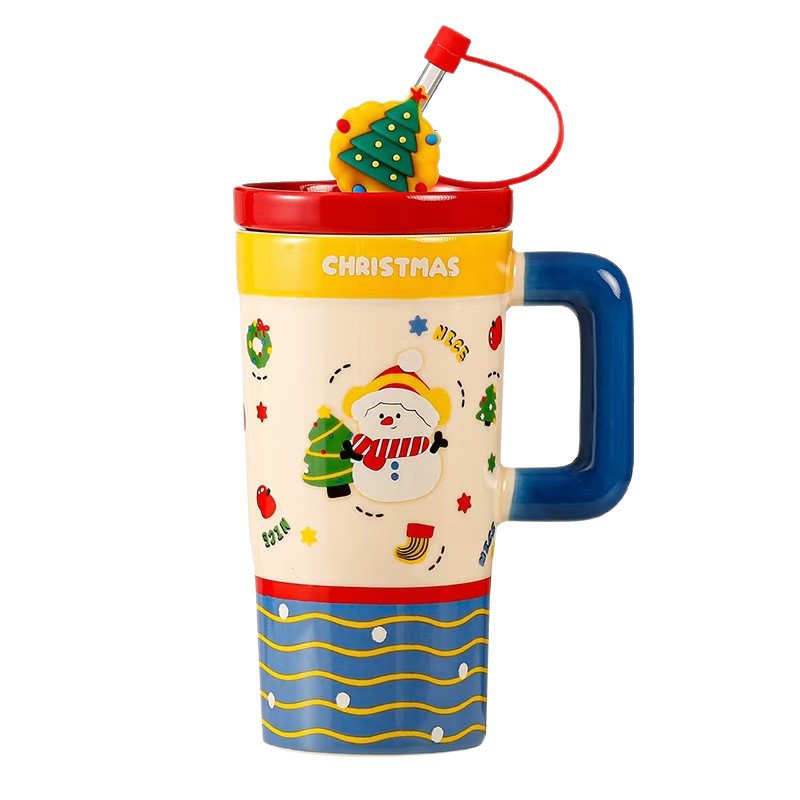 Taza de cerámica navideña de gran capacidad Taza de agua con pajita personalizada Taza de café transfronteriza de alto valor Taza linda de dibujos animados