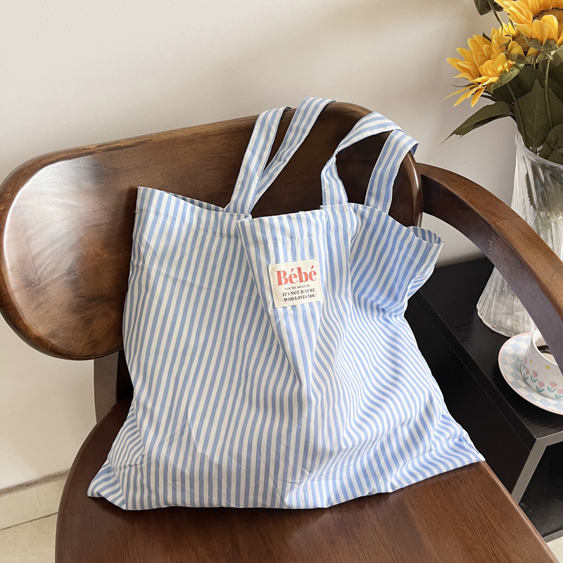 Homemade striped large capacity environmental protection bag French casual versatile fresh thin cotton shoulder bag portable shopping bag Homemade striped large capacity environmental protection bag French casual versatile fresh thin cotton shoulder bag portable shopping bag