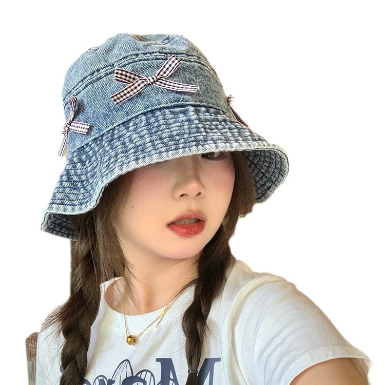 Japón retro arco vaquero sombrero pescador mujer dulce encantador versátil sombrero de bañera de protección solar grande alrededor de la cabeza muestra cara pequeña