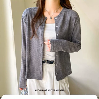 天丝羊毛慵懒风圆领女秋冬新款绞花纹理长袖外搭显瘦纯色毛衣开衫