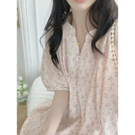 实拍2026夏装新款双层纱粉色小花朵V领珍珠扣花边短袖家居服睡衣