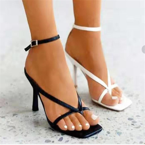Women's Fashionable Square Toe High Heels with Toe Clasp, One Strap Sandals, Large Size 43, European and American Influencer Style