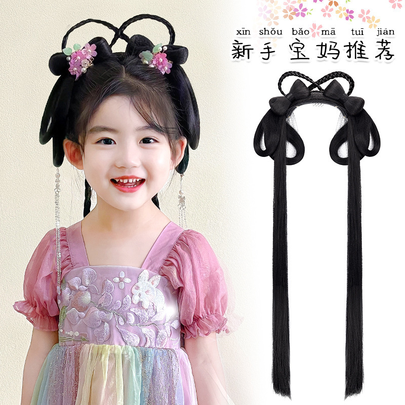 Ancient Chinese Clothes Children's Hair Hoop Wig One-piece Antique Bow Wig Wrap Ming Made Girl's Hair Bun