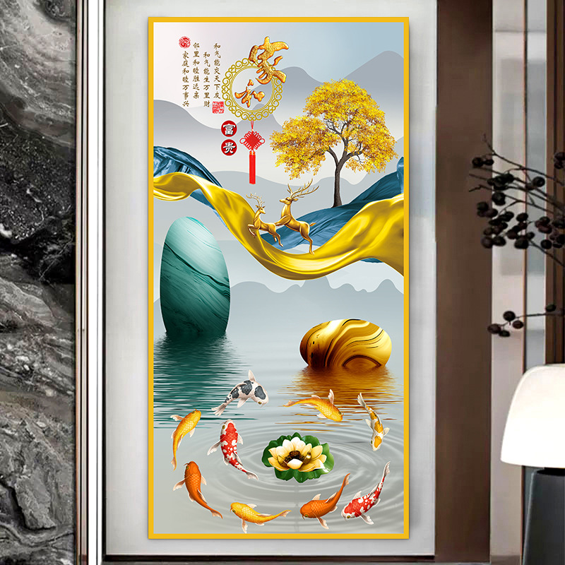 Pintura de entrada de pintura tradicional china Pintura de decoración del pasillo frente a la puerta Pasillo de nueve peces Pintura colgante de fondo de lujo ligero Pintura mural