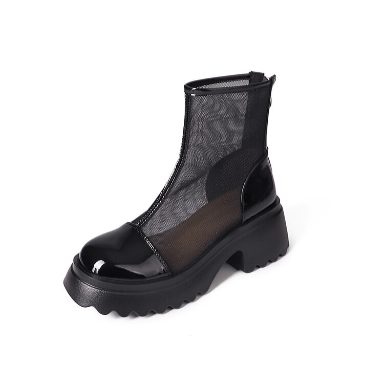 Boot ngắn nữ da thật vải lưới cao gót 6cm mùa hè phong cách Anh thoáng khí — Màu đen, Trắng be chi tiết 100