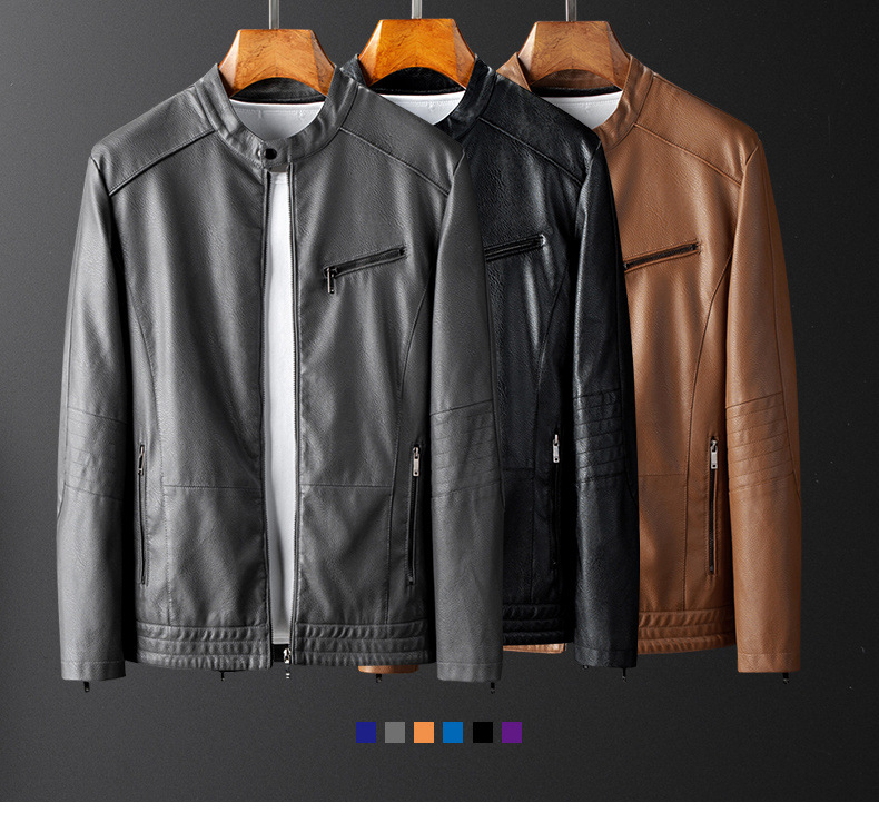 Men's standing collar Korean version slim fit handsome autumn and winter plus velvet motorcycle leather men's jacket_voghion.com