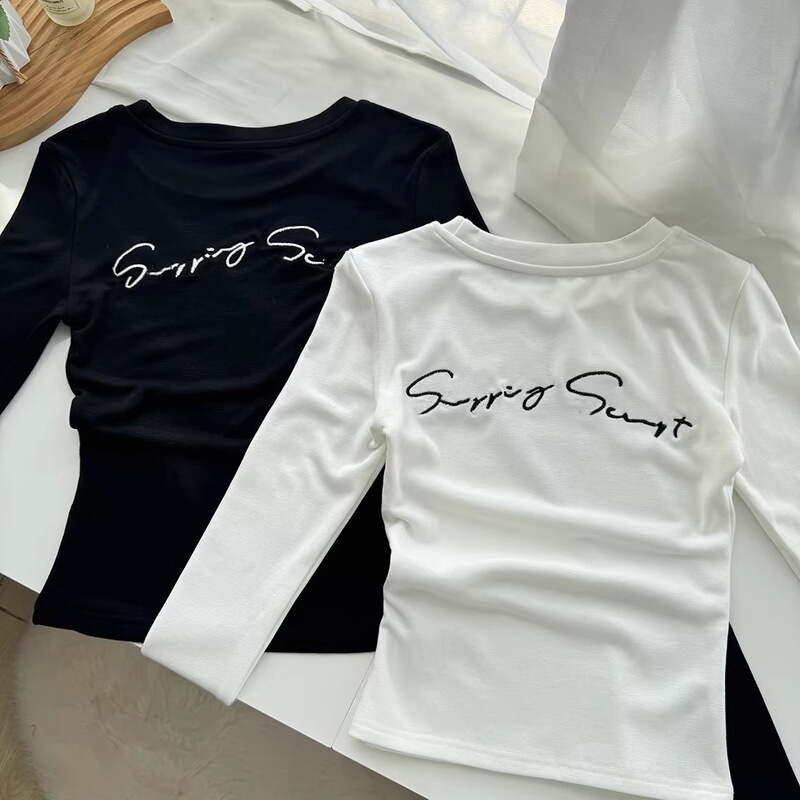 American Retro Letter Embroidery Round Neck Long-Sleeve T-Shirt for Women, New Autumn and Winter Style, Thickened Thermal Base Layer Top American Retro Letter Embroidery Round Neck Long-Sleeve T-Shirt for Women, New Autumn and Winter Style, Thickened Thermal Base Layer Top