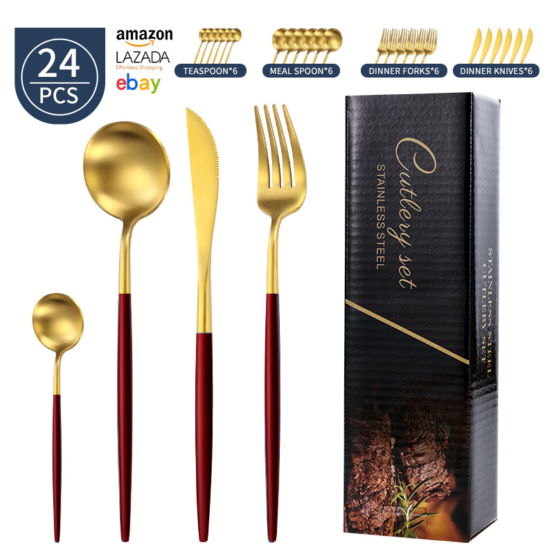 Transfronterizo Amazon mango redondo portugués cuchillo y tenedor cuchara set de platos de acero inoxidable mate cuchillo y tenedor de filete set 24 piezas