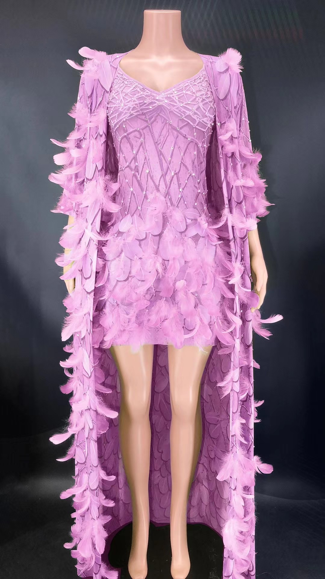 Summer new hot sexy shiny rhinestone feather stitching dress + coat party dress