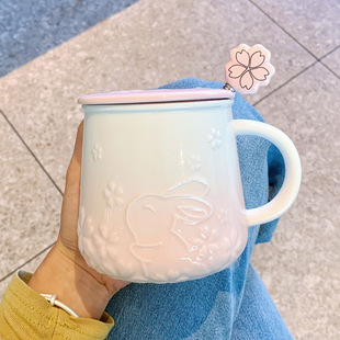 Embossed mug high-looking ceramic cup with lid and spoon office water cup female breakfast cup hand gift
