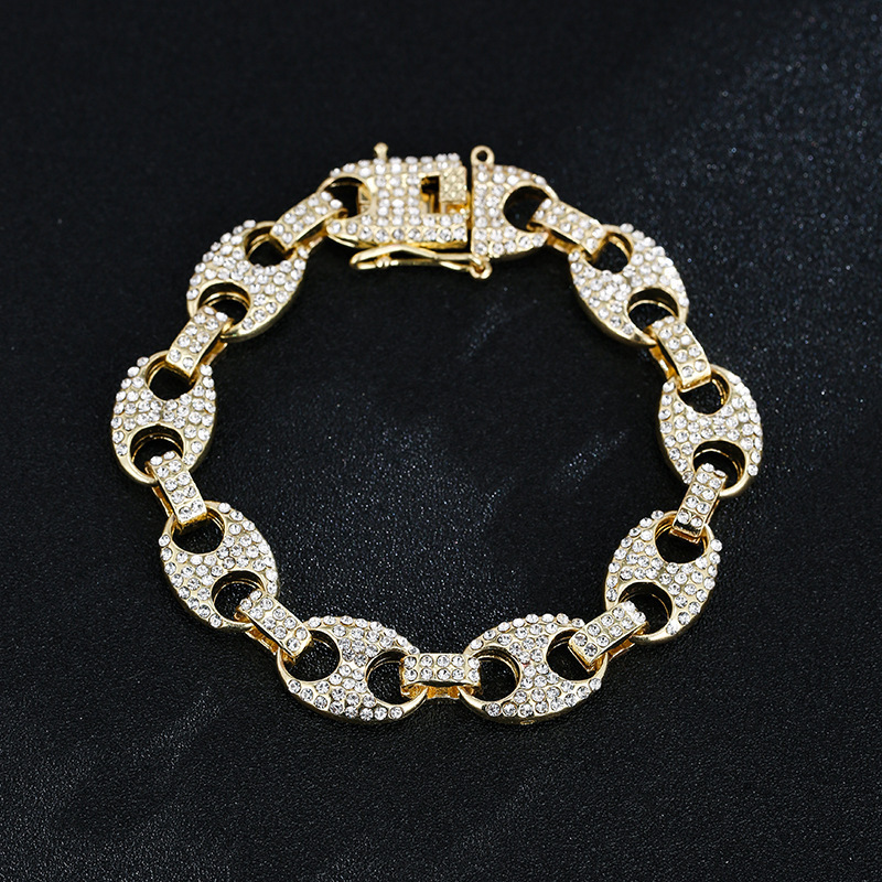 European and American hip hop men's coffee beans full of rhinestone micro inlaid zircon pig nose Cuban high-grade fashion niche bracelet