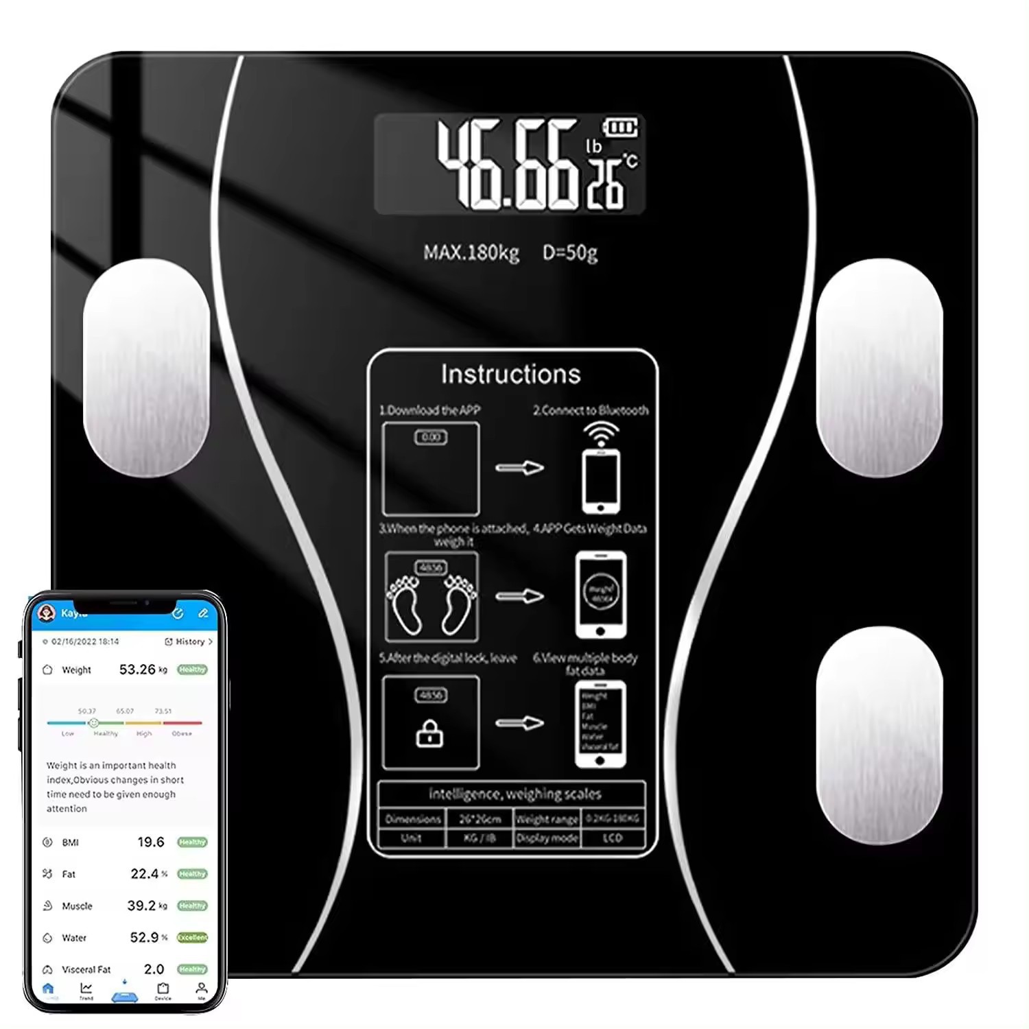 Precision Weight Scale, Smart Bluetooth-Connected Rechargeable Body Fat Scale, Electronic Scale, Waistline Weight Scale, Home Use